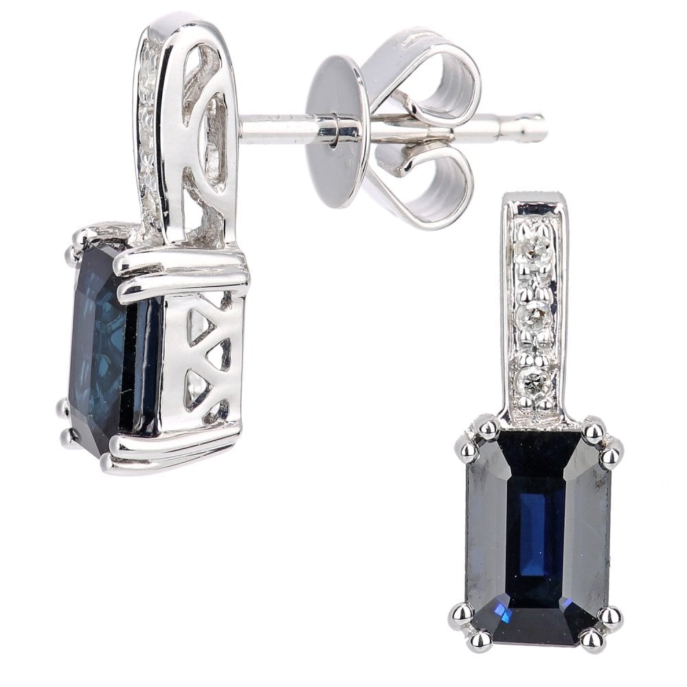 SPARKLD 9ct White Gold Octagon Sapphire and 0.03ct Diamond Drop Earrings