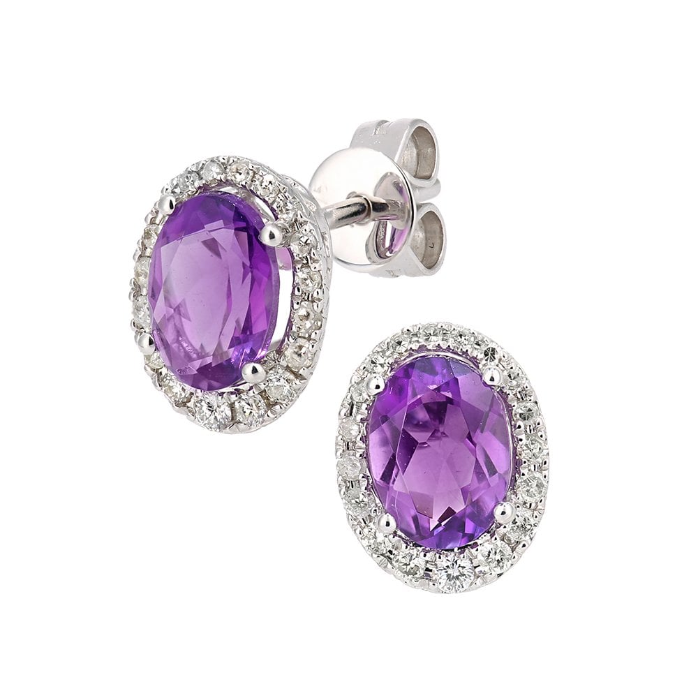SPARKLD 9ct White Gold Oval Amethyst Cluster 0.20ct Diamond Stud Earrings