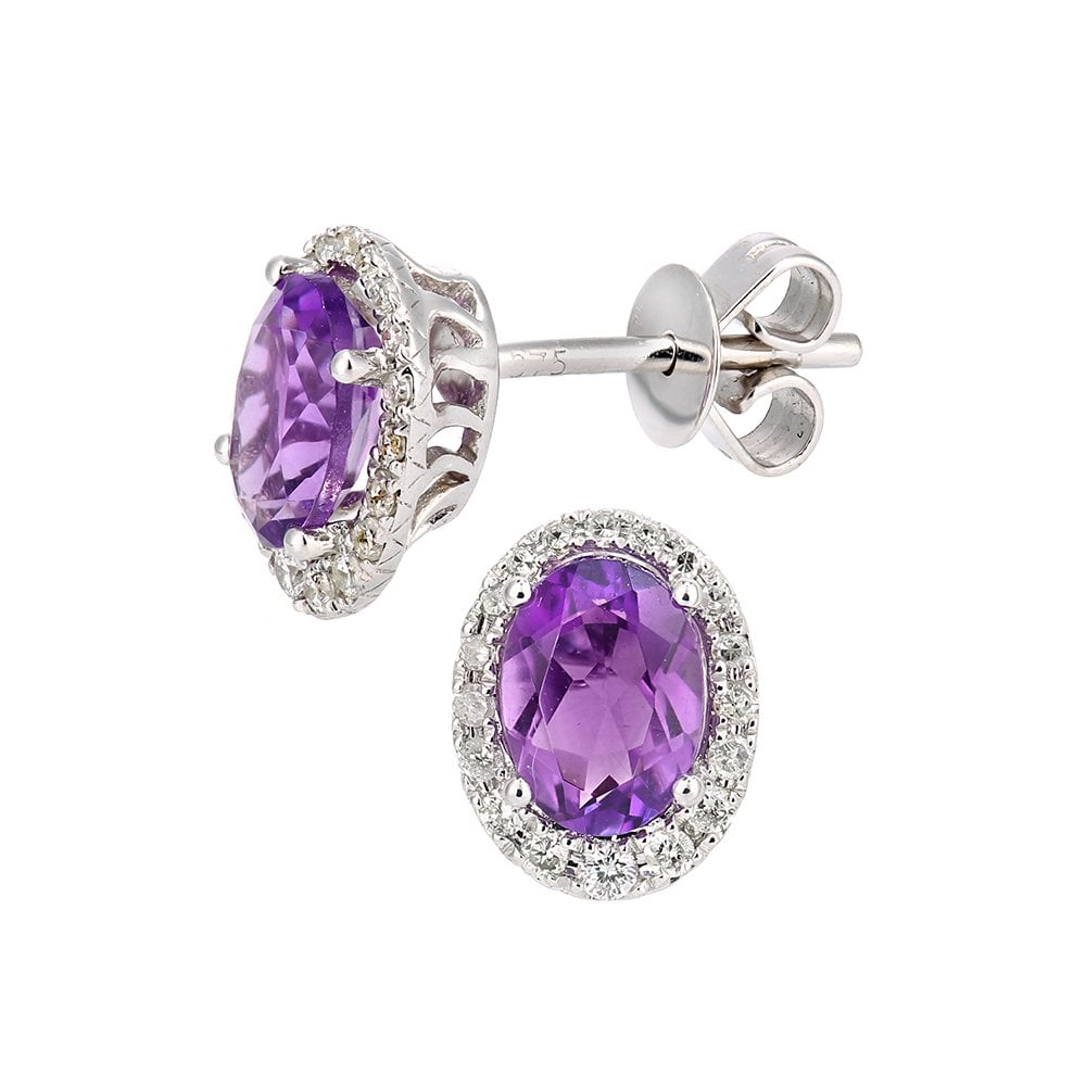 SPARKLD 9ct White Gold Oval Amethyst Cluster 0.20ct Diamond Stud Earrings