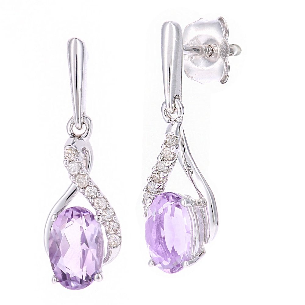 SPARKLD 9ct White Gold Oval Amethyst Crossover 0.05ct Diamond Drop Earrings