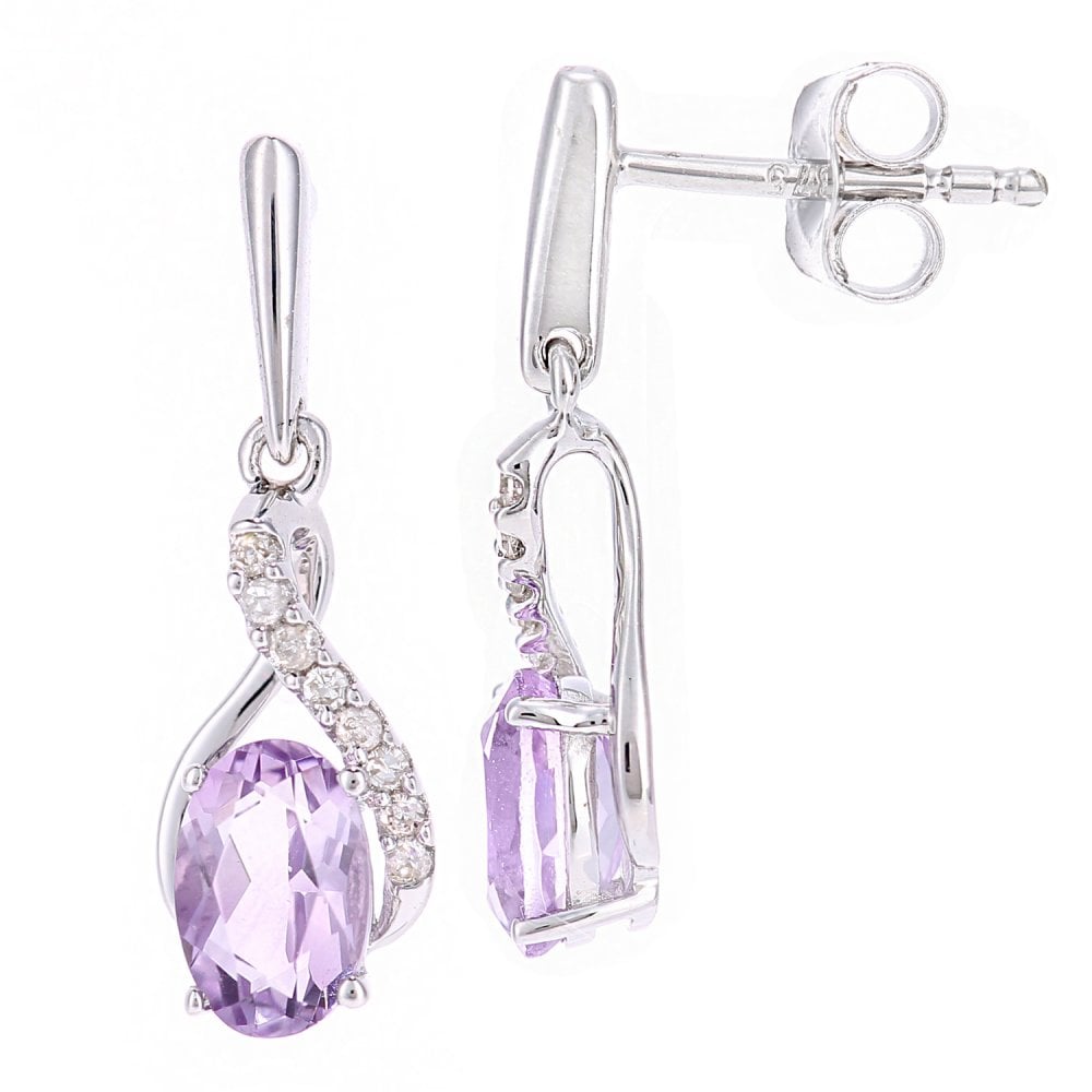 SPARKLD 9ct White Gold Oval Amethyst Crossover 0.05ct Diamond Drop Earrings