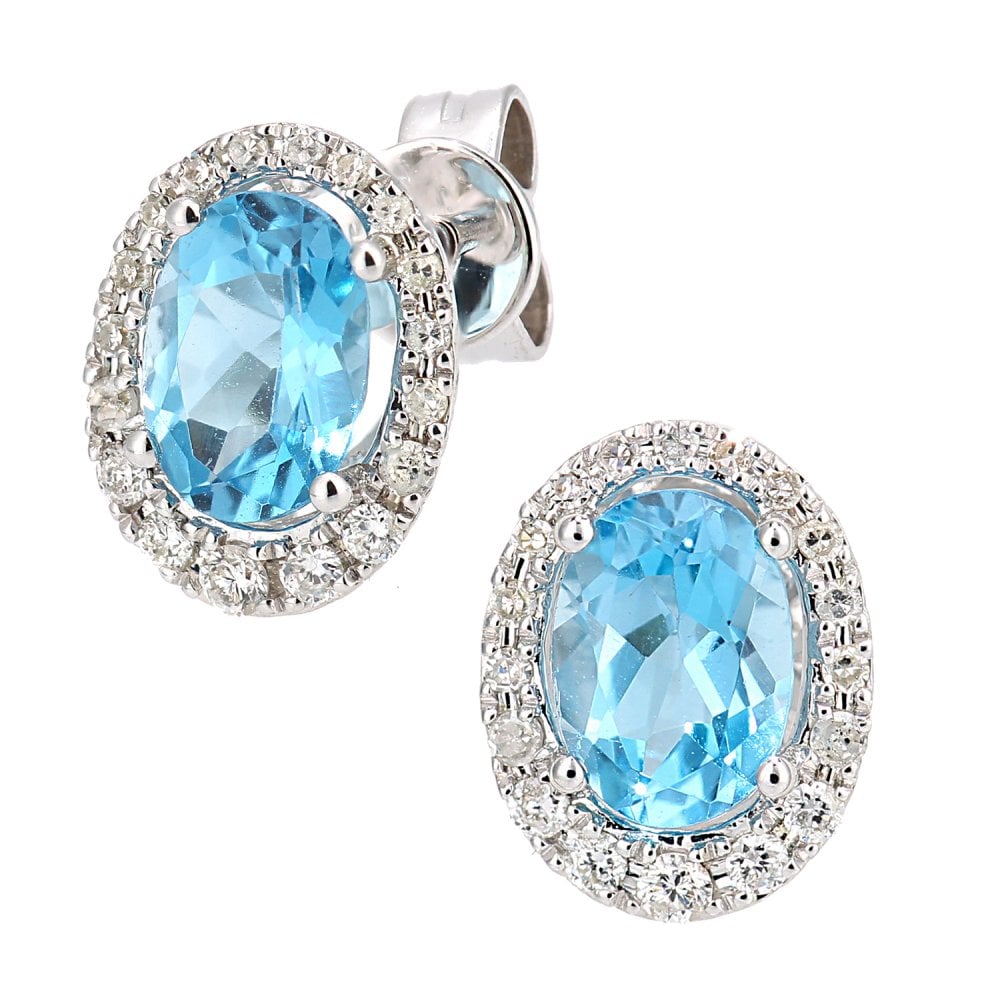 SPARKLD 9ct White Gold Oval Blue Topaz Cluster 0.20ct Diamond Stud Earrings