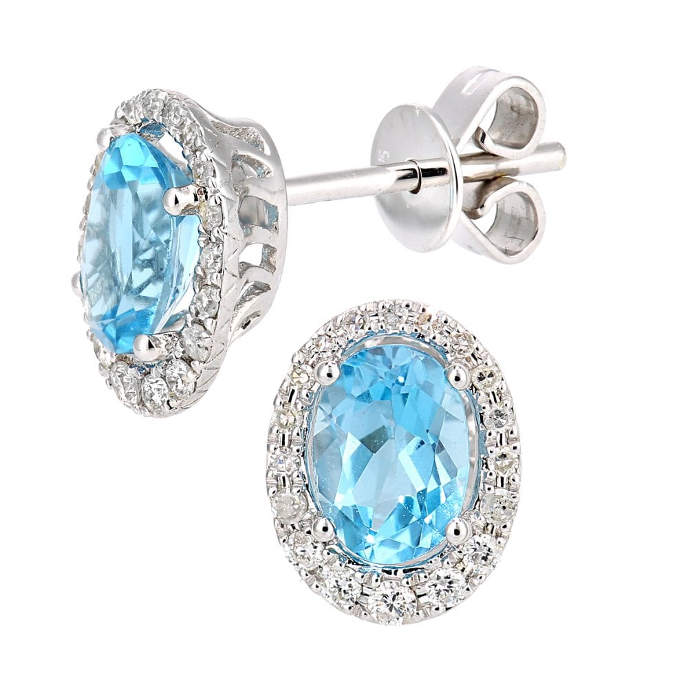 SPARKLD 9ct White Gold Oval Blue Topaz Cluster 0.20ct Diamond Stud Earrings