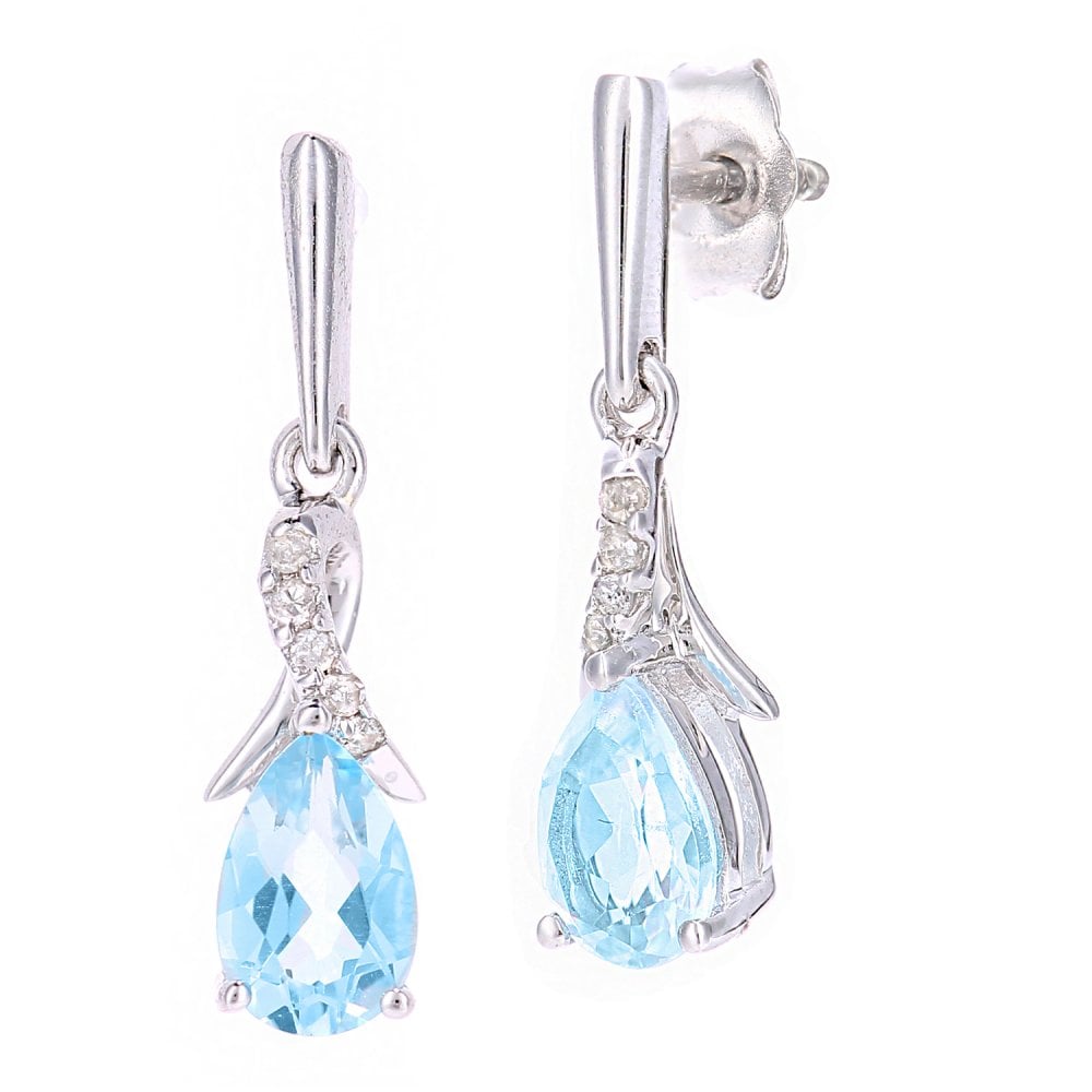 SPARKLD 9ct White Gold Oval Blue Topaz Crossover 0.05ct Diamond Drop Earrings