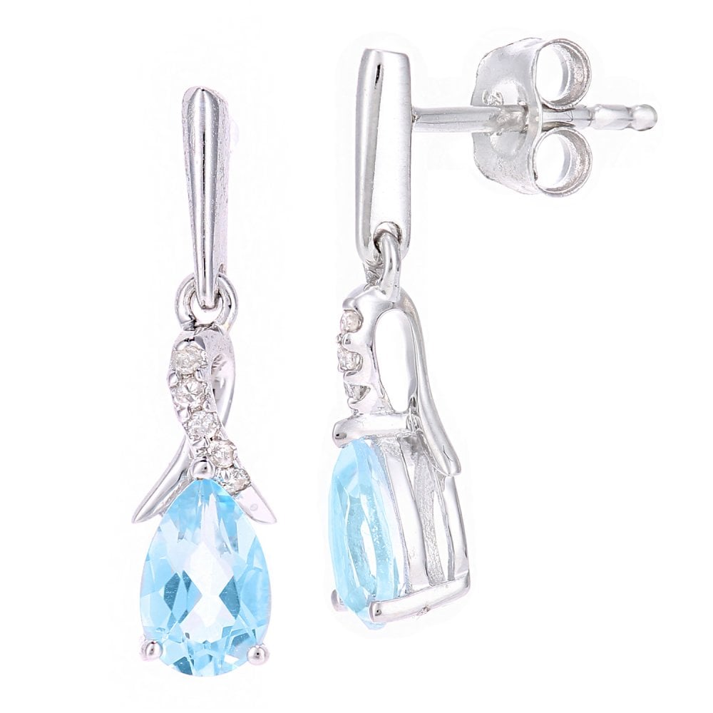 SPARKLD 9ct White Gold Oval Blue Topaz Crossover 0.05ct Diamond Drop Earrings