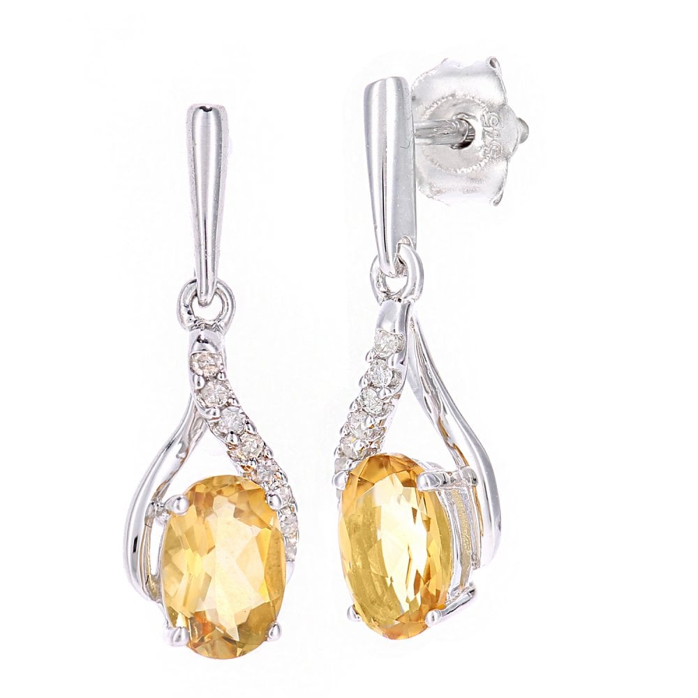 SPARKLD 9ct White Gold Oval Citrine Crossover 0.05ct Diamond Drop Earrings