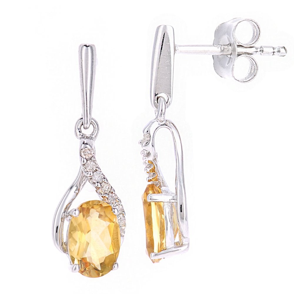 SPARKLD 9ct White Gold Oval Citrine Crossover 0.05ct Diamond Drop Earrings