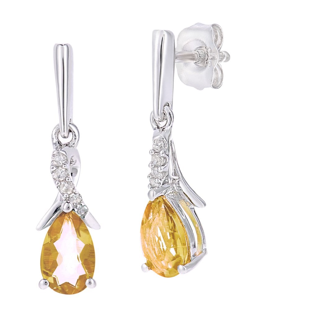 SPARKLD 9ct White Gold Oval Citrine Crossover 0.05ct Diamond Drop Earrings