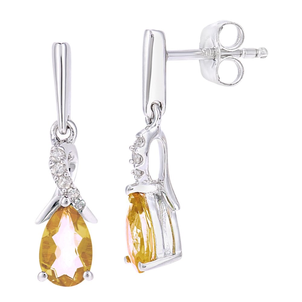 SPARKLD 9ct White Gold Oval Citrine Crossover 0.05ct Diamond Drop Earrings