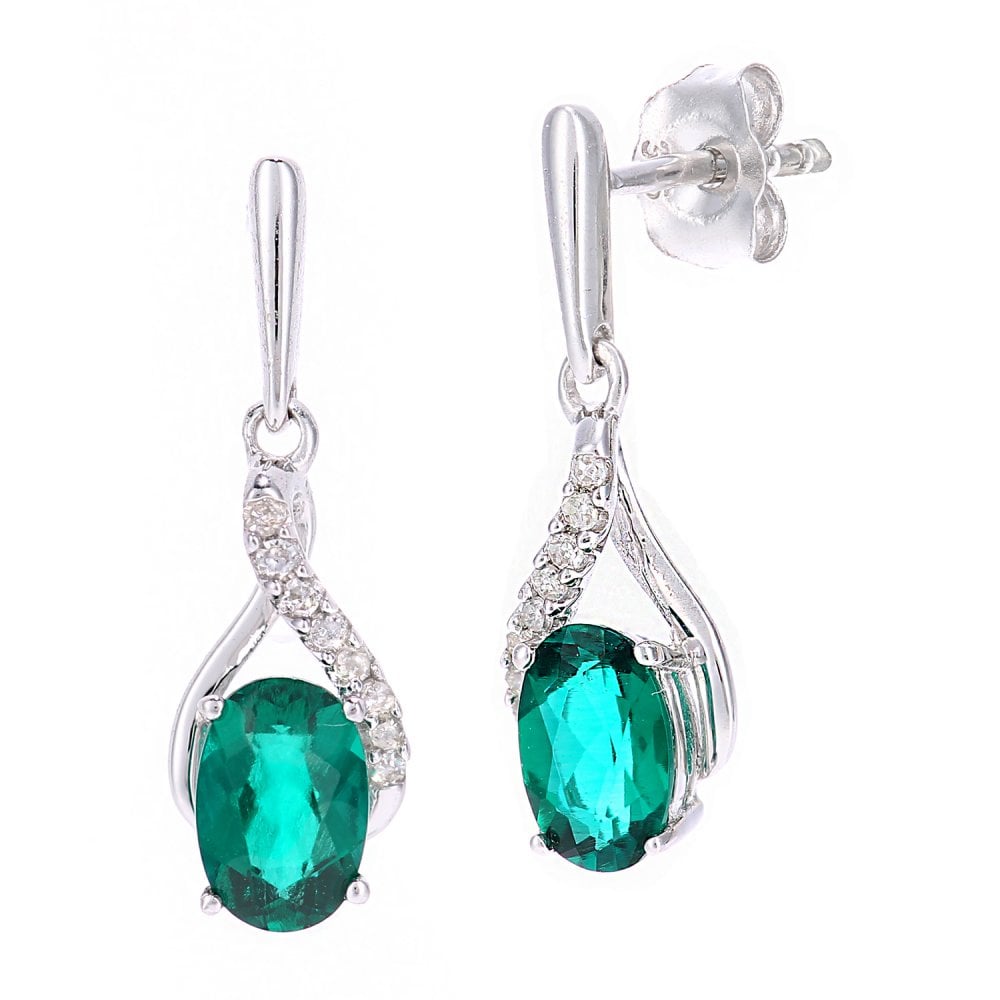 SPARKLD 9ct White Gold Oval Created Emerald Crossover 0.05ct Diamond Drop Earrings