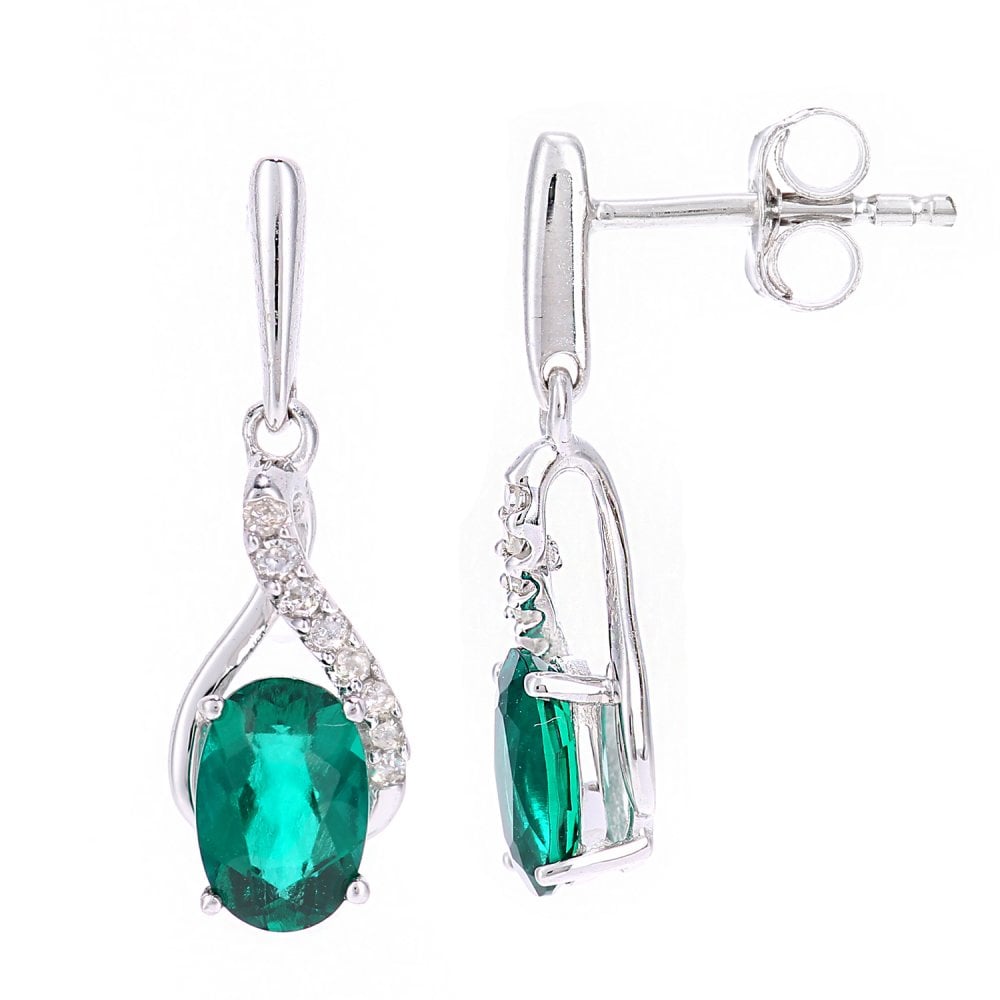 SPARKLD 9ct White Gold Oval Created Emerald Crossover 0.05ct Diamond Drop Earrings
