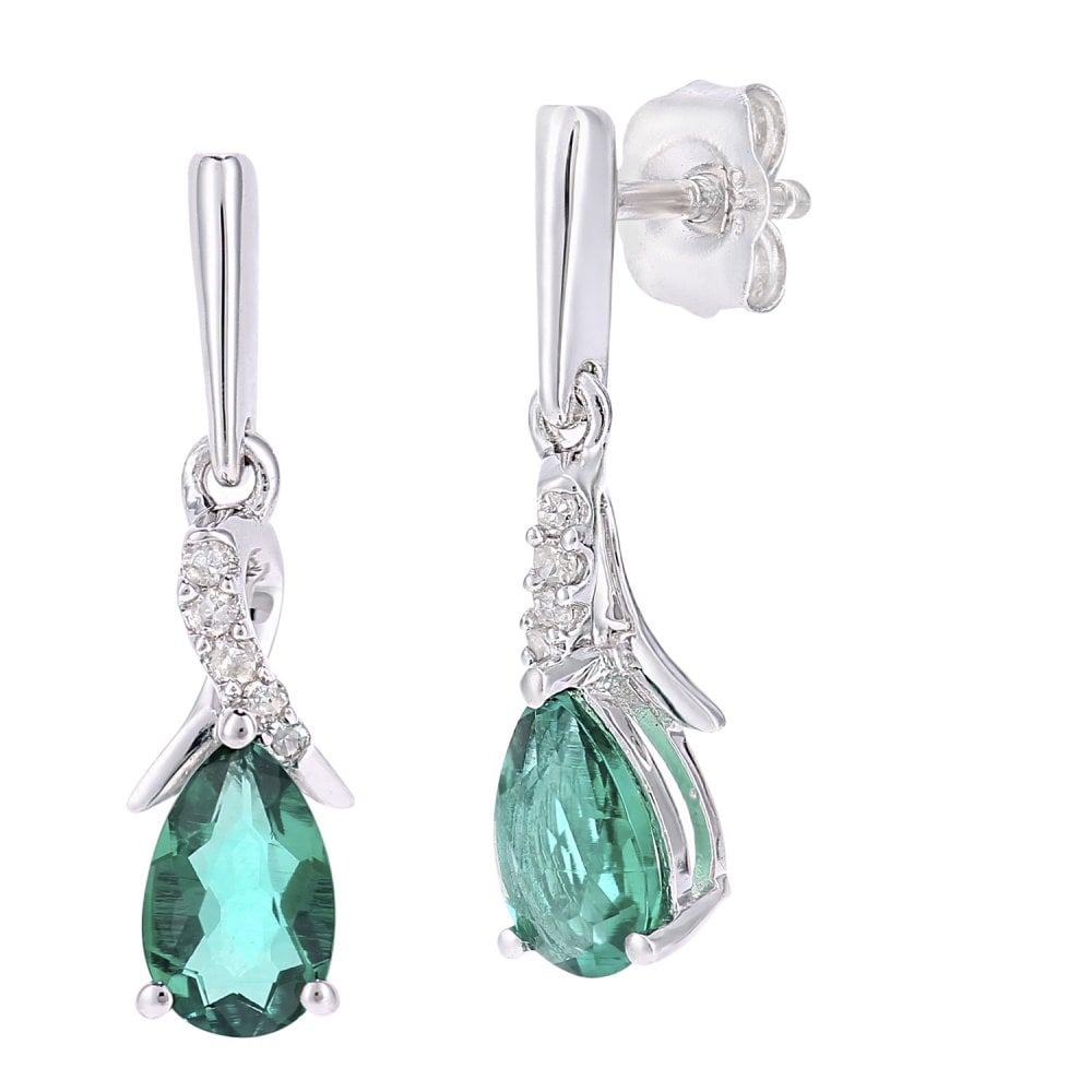 SPARKLD 9ct White Gold Oval Created Emerald Crossover 0.05ct Diamond Drop Earrings