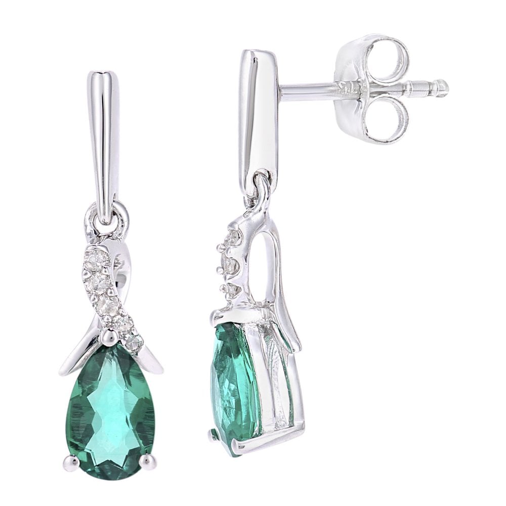 SPARKLD 9ct White Gold Oval Created Emerald Crossover 0.05ct Diamond Drop Earrings