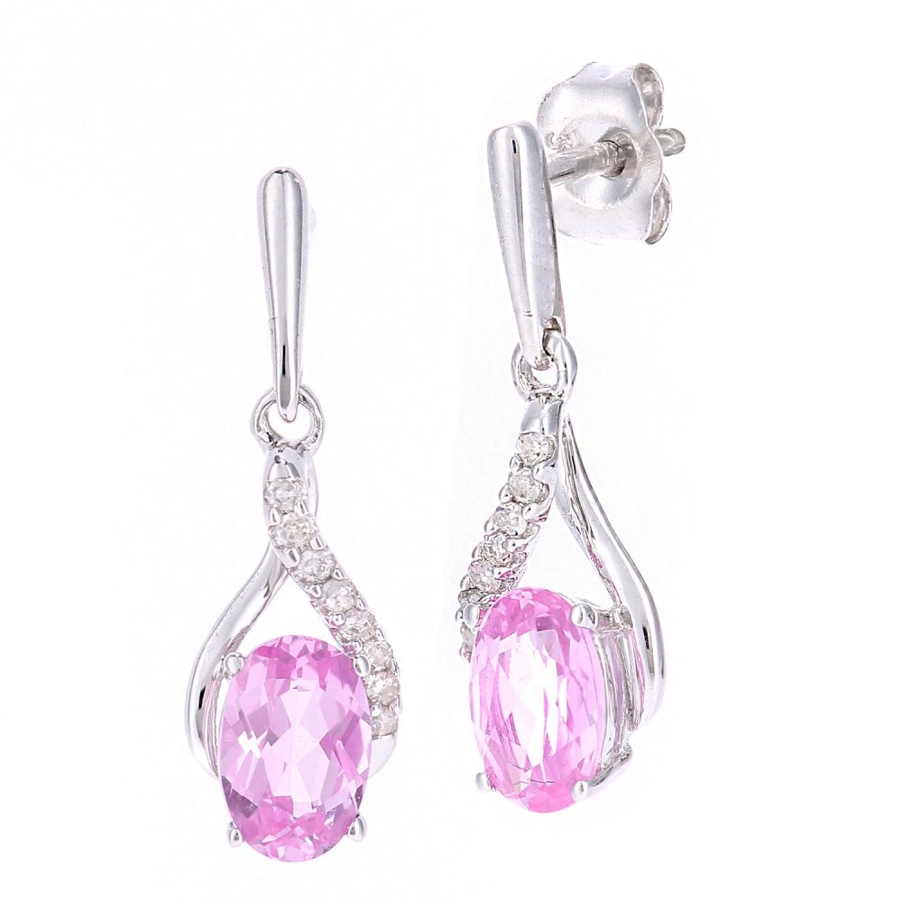 SPARKLD 9ct White Gold Oval Created Pink Sapphire Crossover 0.05ct Diamond Drop Earrings