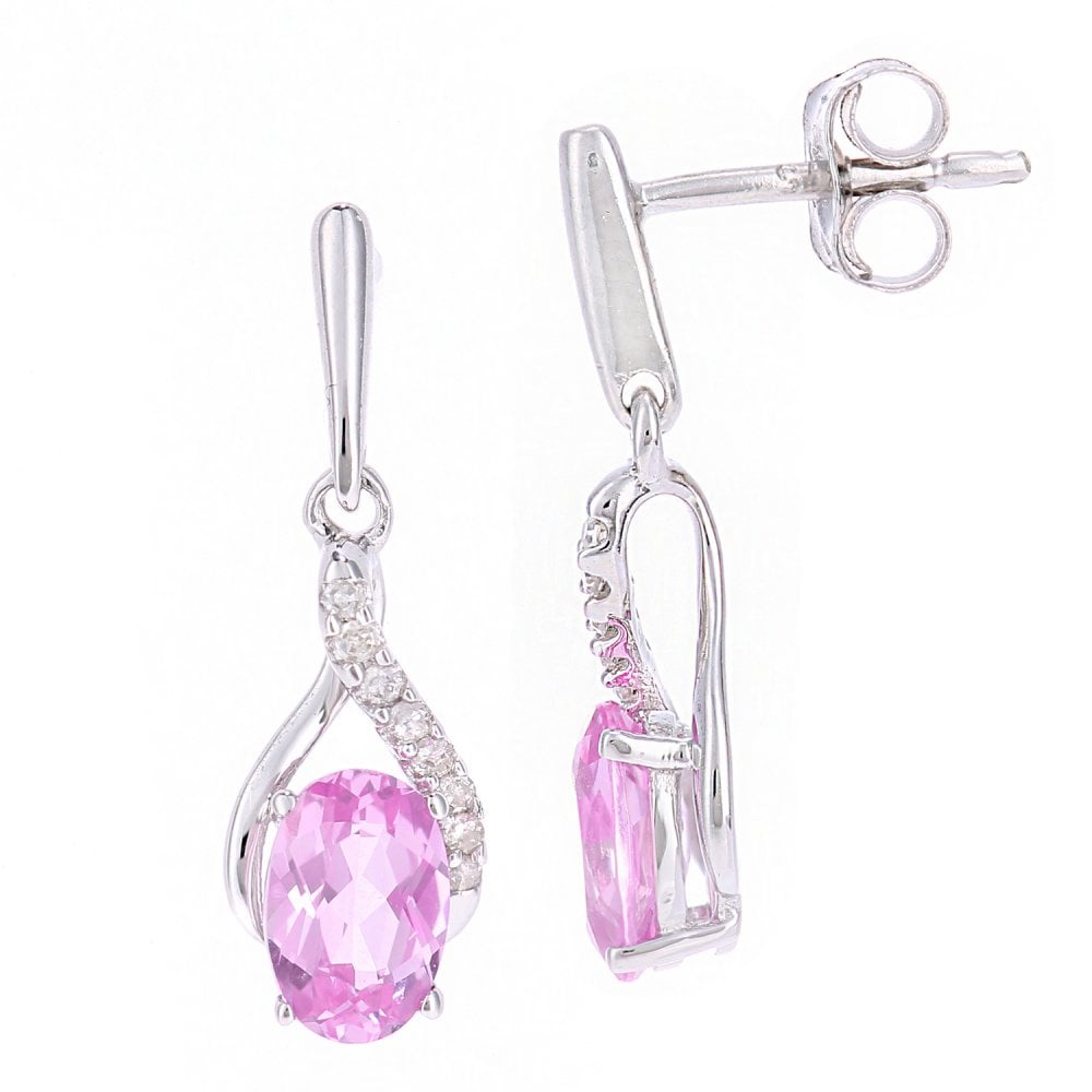 SPARKLD 9ct White Gold Oval Created Pink Sapphire Crossover 0.05ct Diamond Drop Earrings