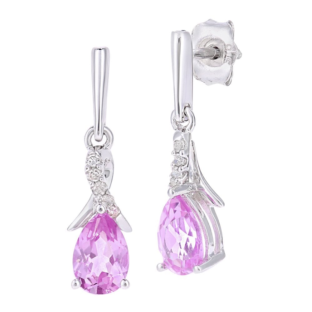 SPARKLD 9ct White Gold Oval Created Pink Sapphire Crossover 0.05ct Diamond Drop Earrings