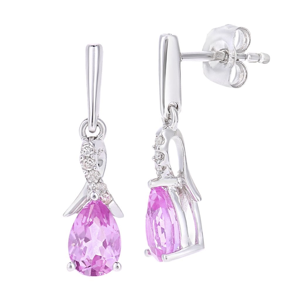 SPARKLD 9ct White Gold Oval Created Pink Sapphire Crossover 0.05ct Diamond Drop Earrings