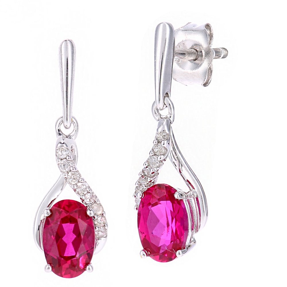 SPARKLD 9ct White Gold Oval Created Ruby Crossover 0.05ct Diamond Drop Earrings
