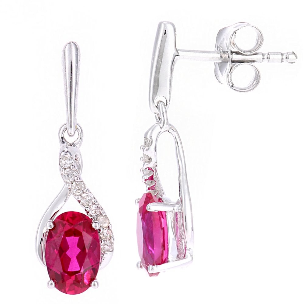 SPARKLD 9ct White Gold Oval Created Ruby Crossover 0.05ct Diamond Drop Earrings
