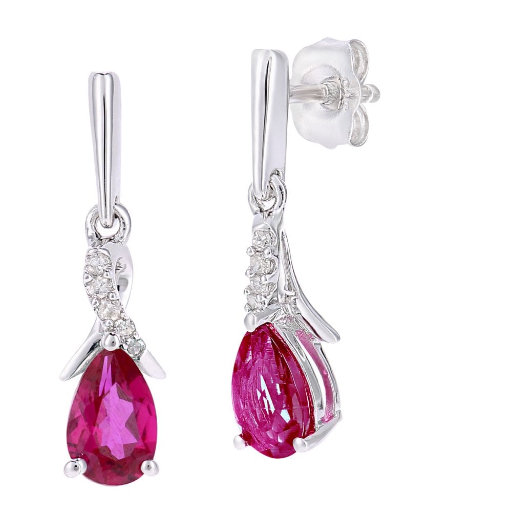 SPARKLD 9ct White Gold Oval Created Ruby Crossover 0.05ct Diamond Drop Earrings