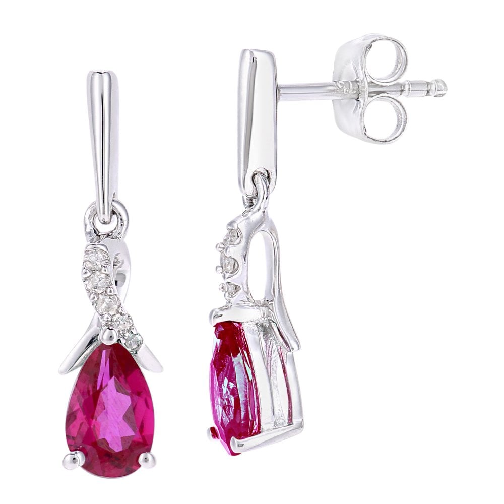 SPARKLD 9ct White Gold Oval Created Ruby Crossover 0.05ct Diamond Drop Earrings