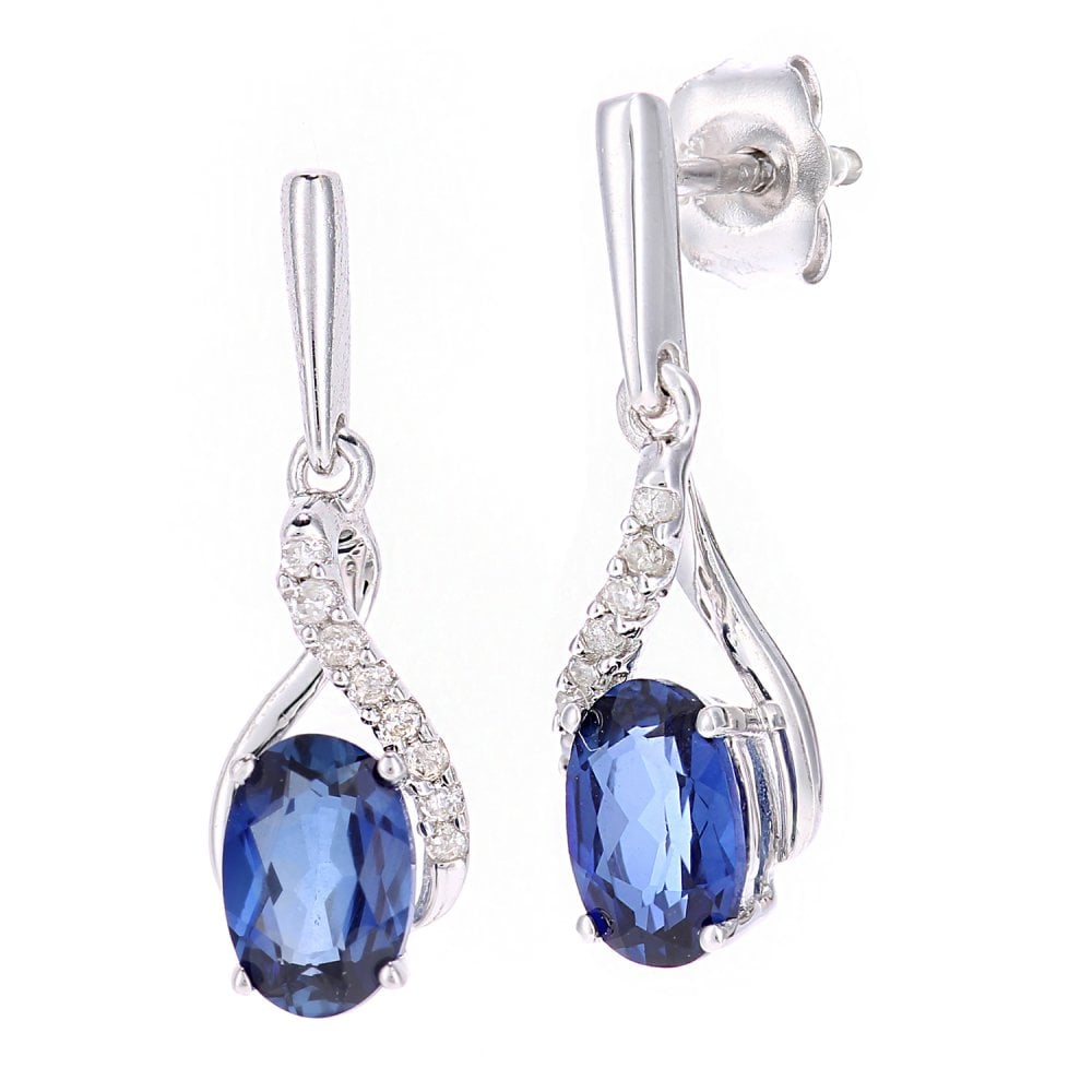SPARKLD 9ct White Gold Oval Created Tanzanite Crossover 0.05ct Diamond Drop Earrings