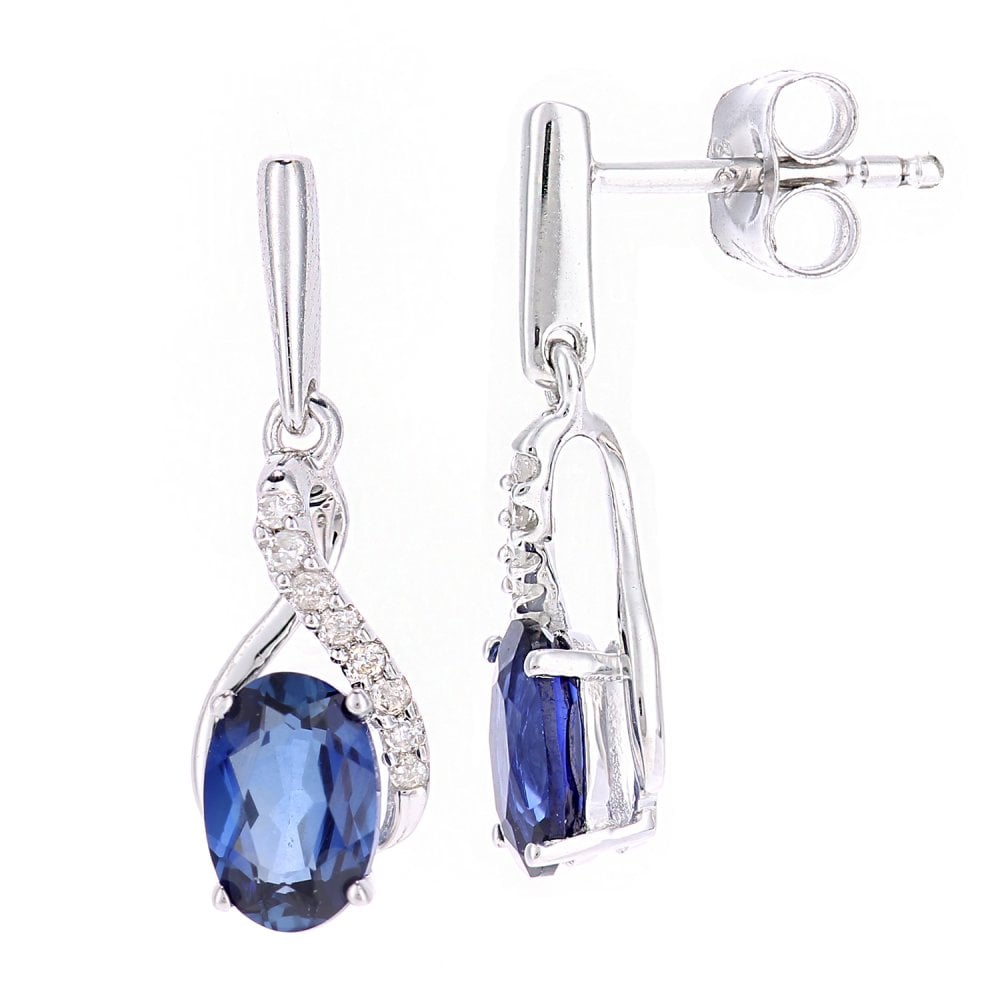 SPARKLD 9ct White Gold Oval Created Tanzanite Crossover 0.05ct Diamond Drop Earrings