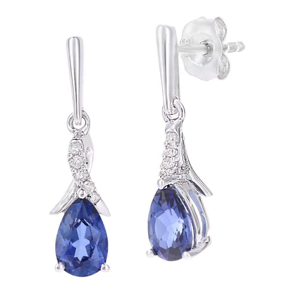 SPARKLD 9ct White Gold Oval Created Tanzanite Crossover 0.05ct Diamond Drop Earrings