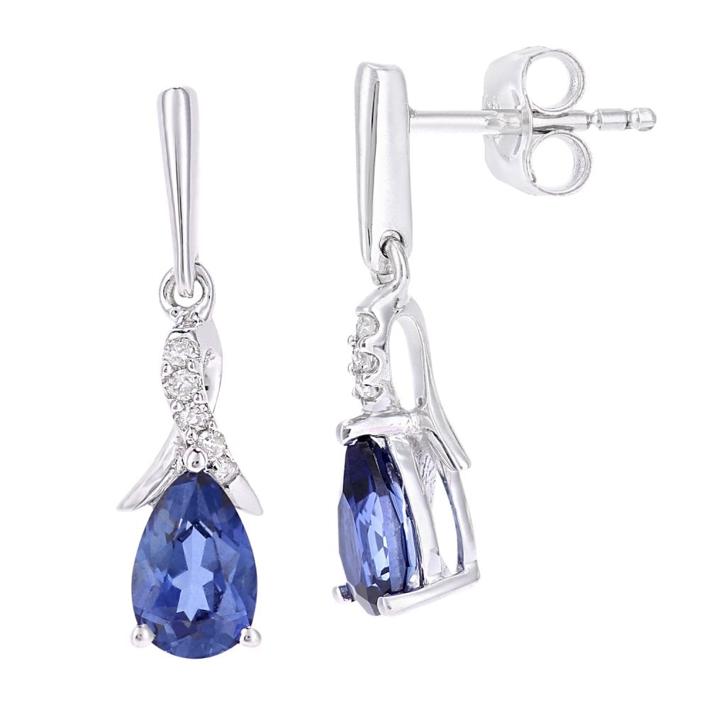 SPARKLD 9ct White Gold Oval Created Tanzanite Crossover 0.05ct Diamond Drop Earrings