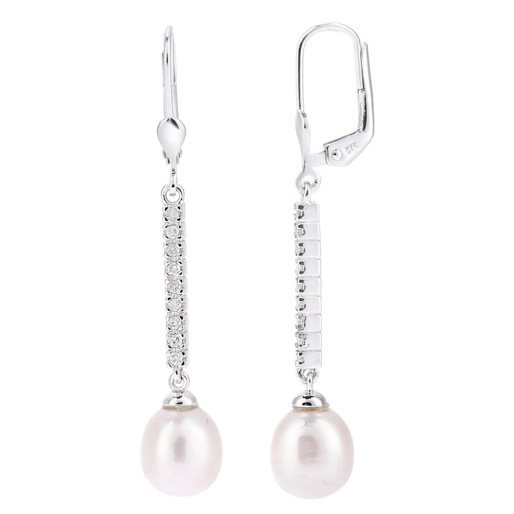 SPARKLD 9ct White Gold Oval Cultured Pearl and 0.15ct Diamond Drop Earrings