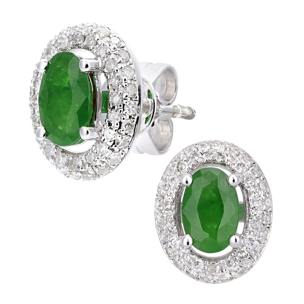 SPARKLD 9ct White Gold Oval Emerald and 0.30ct Diamond Cluster Earrings