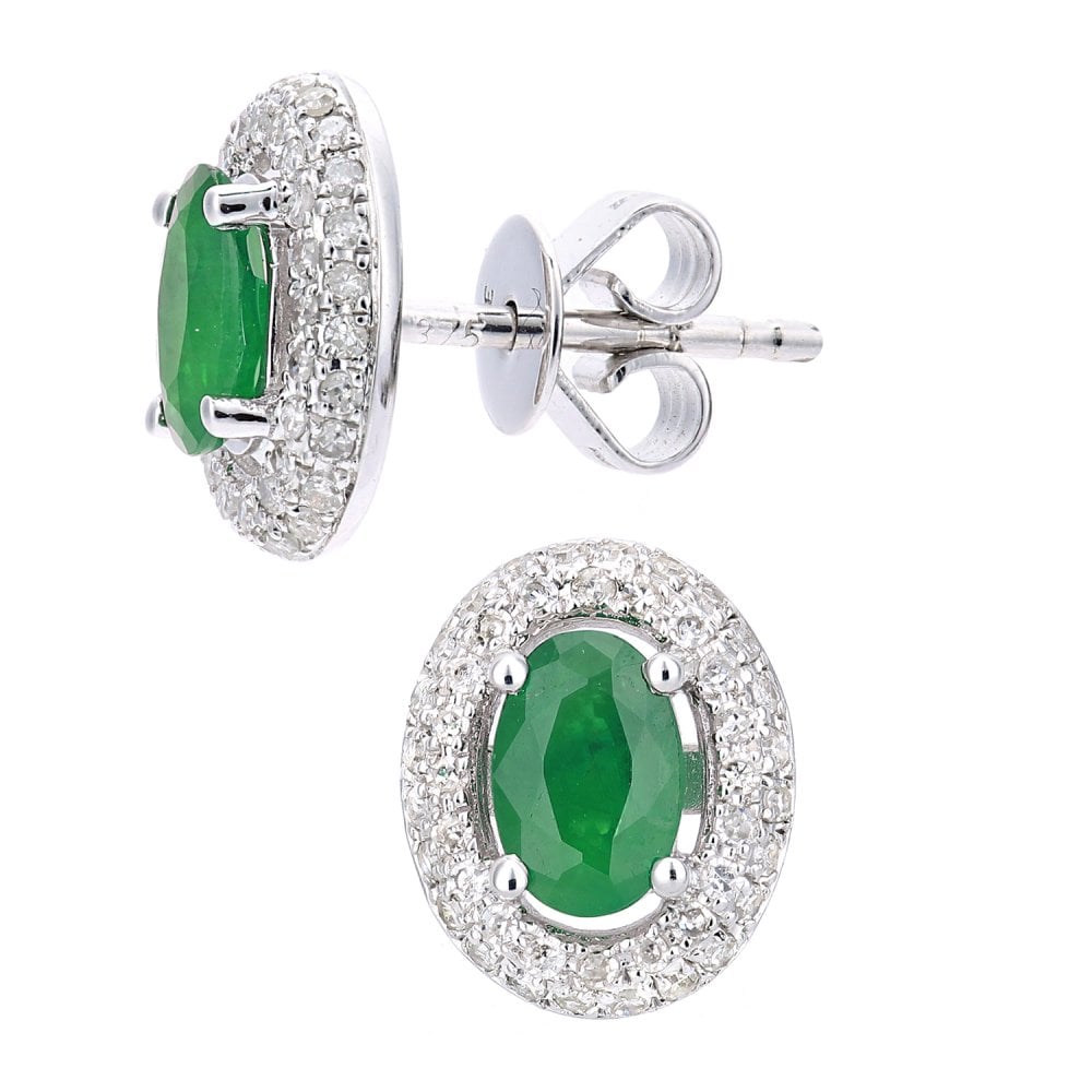 SPARKLD 9ct White Gold Oval Emerald and 0.30ct Diamond Cluster Earrings