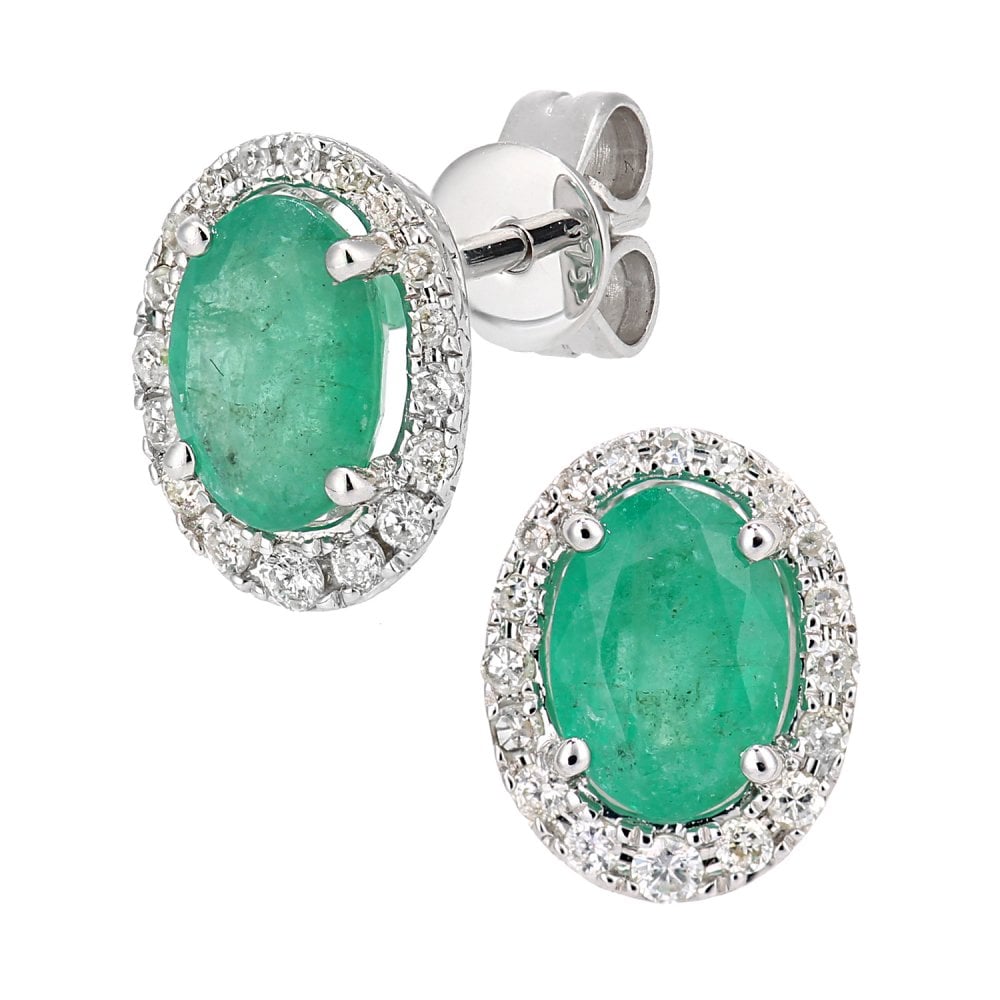 SPARKLD 9ct White Gold Oval Emerald Cluster 0.20ct Diamond Stud Earrings