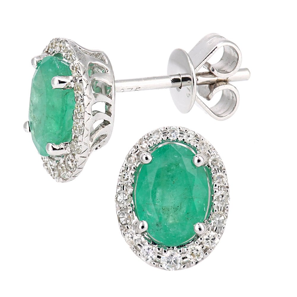 SPARKLD 9ct White Gold Oval Emerald Cluster 0.20ct Diamond Stud Earrings