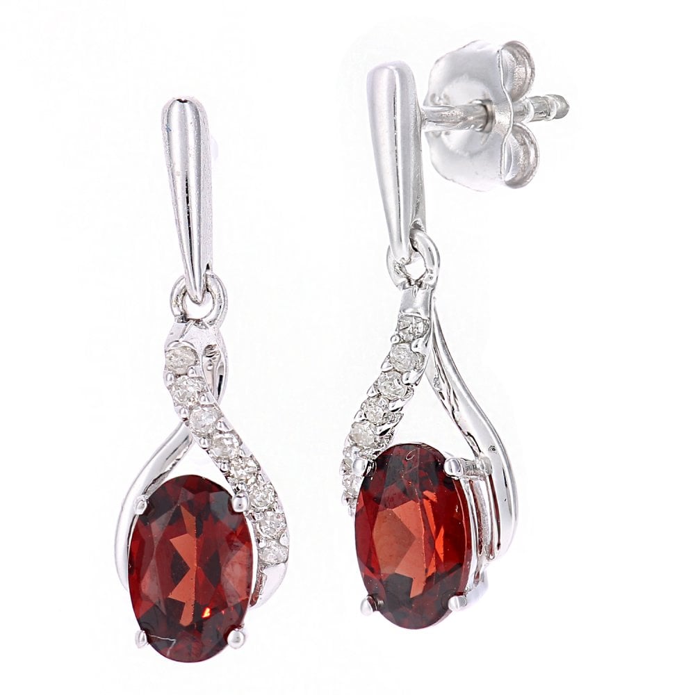 SPARKLD 9ct White Gold Oval Garnet Crossover 0.05ct Diamond Drop Earrings