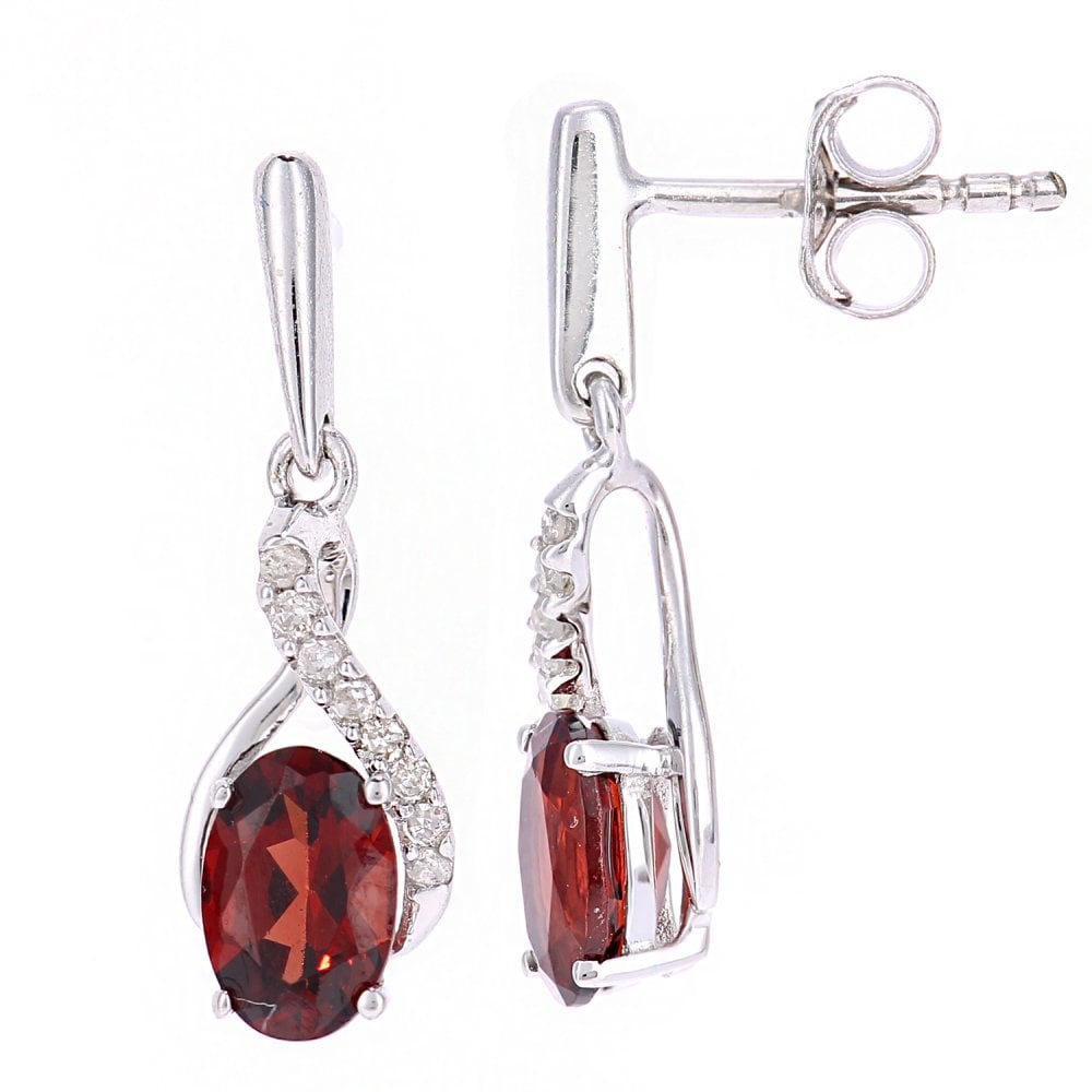 SPARKLD 9ct White Gold Oval Garnet Crossover 0.05ct Diamond Drop Earrings