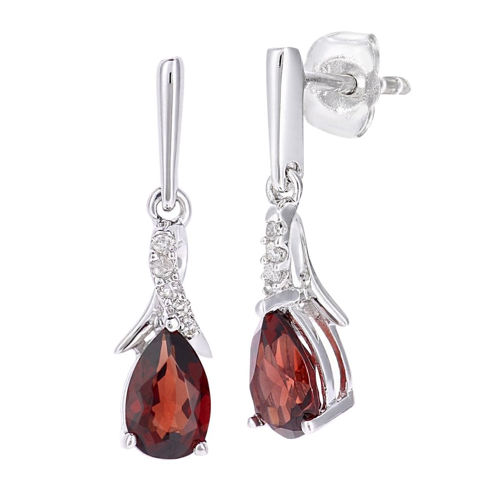 SPARKLD 9ct White Gold Oval Garnet Crossover 0.05ct Diamond Drop Earrings