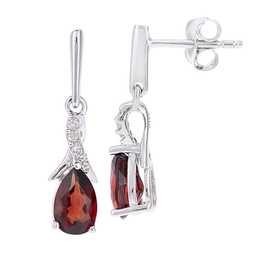 SPARKLD 9ct White Gold Oval Garnet Crossover 0.05ct Diamond Drop Earrings