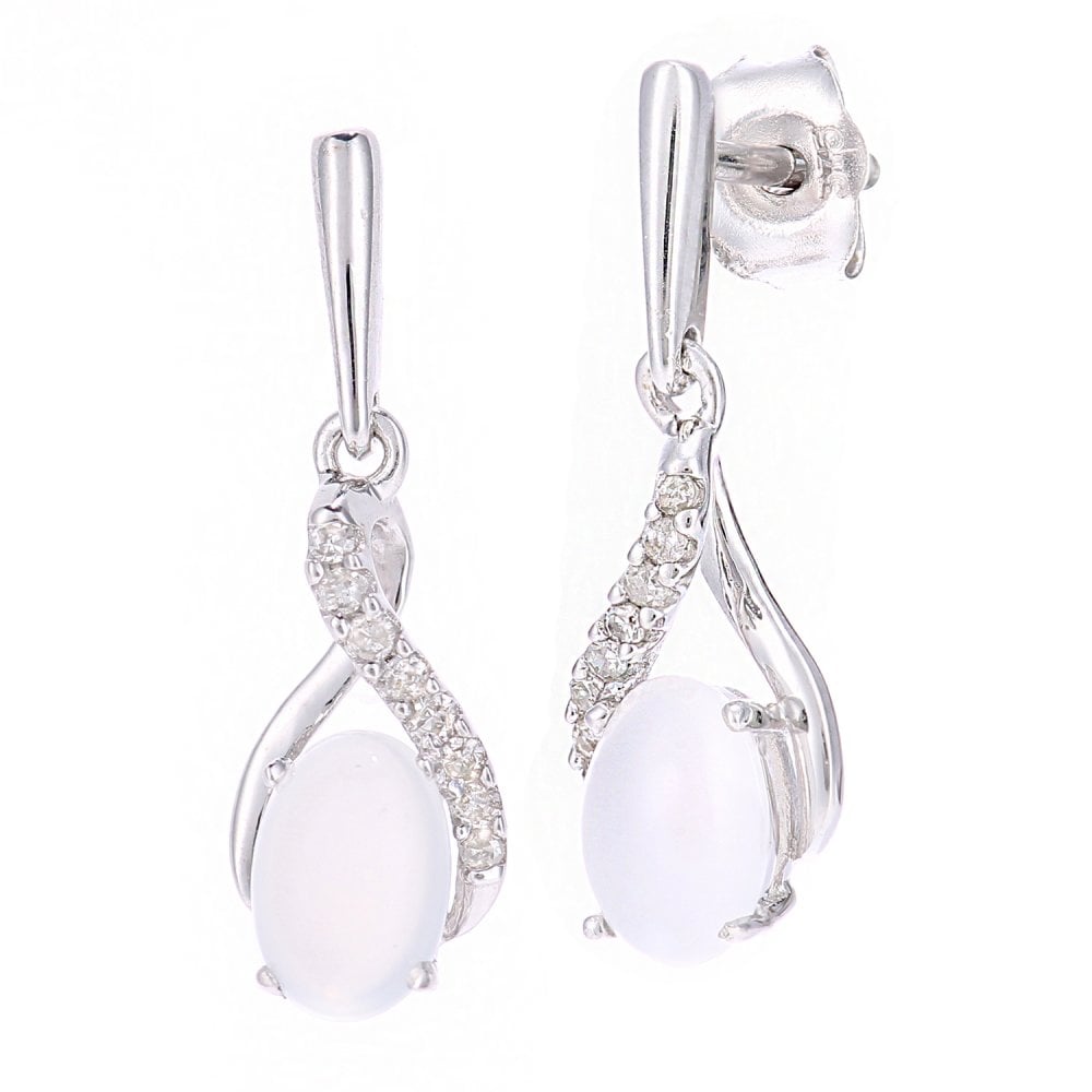 SPARKLD 9ct White Gold Oval Opal Crossover 0.05ct Diamond Drop Earrings