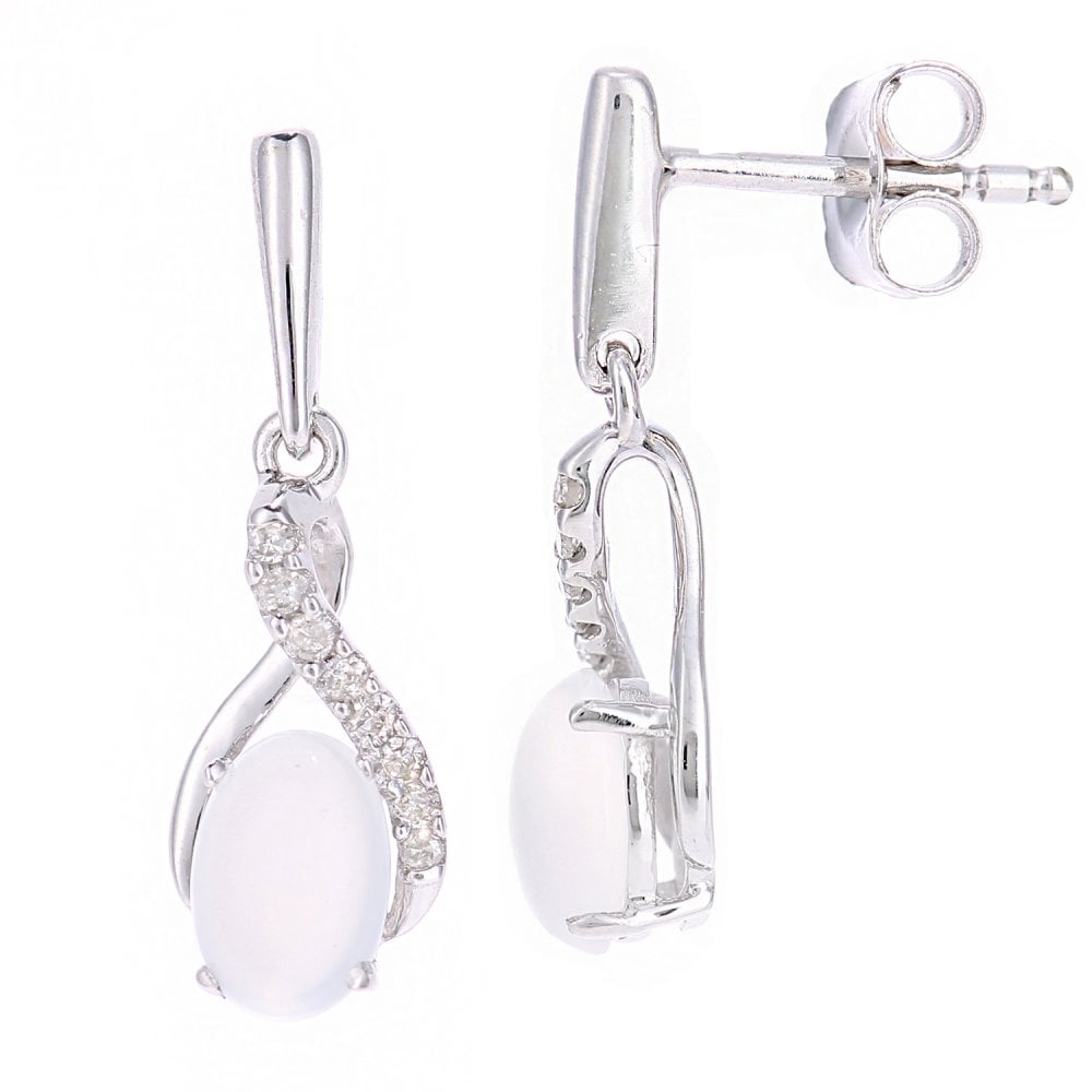 SPARKLD 9ct White Gold Oval Opal Crossover 0.05ct Diamond Drop Earrings
