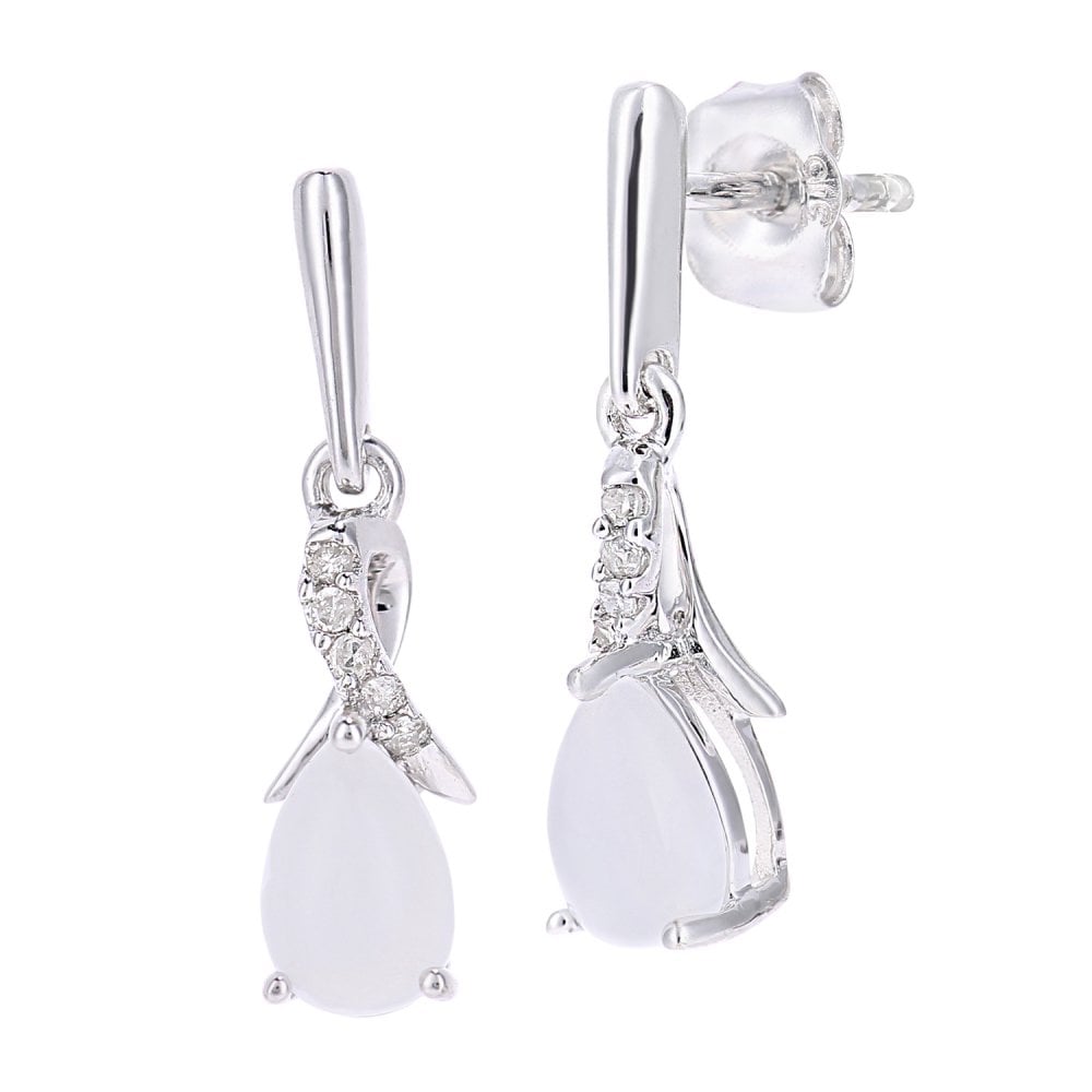 SPARKLD 9ct White Gold Oval Opal Crossover 0.05ct Diamond Drop Earrings