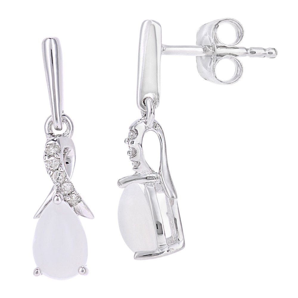 SPARKLD 9ct White Gold Oval Opal Crossover 0.05ct Diamond Drop Earrings