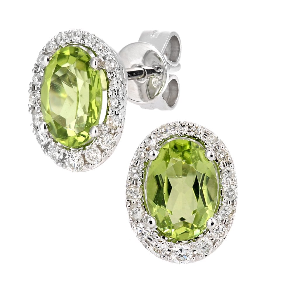 SPARKLD 9ct White Gold Oval Peridot Cluster 0.20ct Diamond Stud Earrings