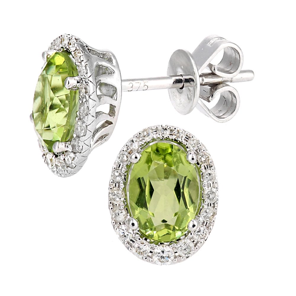 SPARKLD 9ct White Gold Oval Peridot Cluster 0.20ct Diamond Stud Earrings