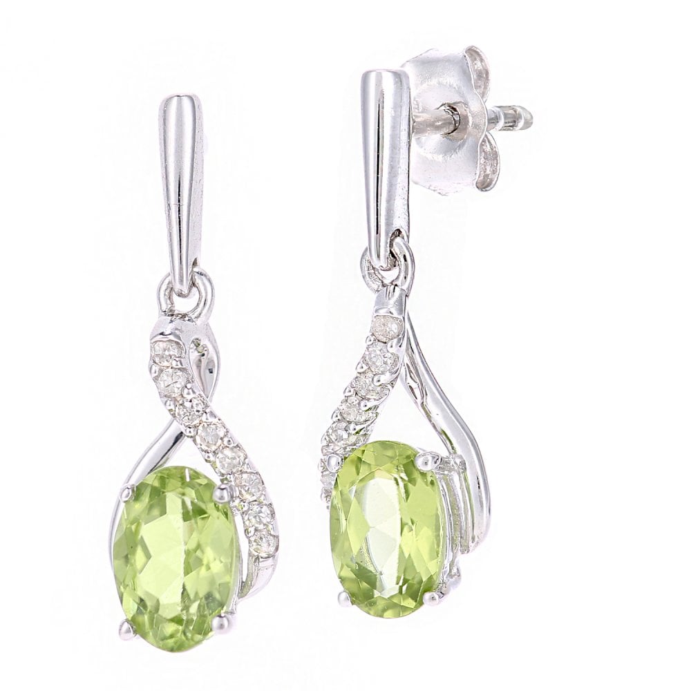 SPARKLD 9ct White Gold Oval Peridot Crossover 0.05ct Diamond Drop Earrings