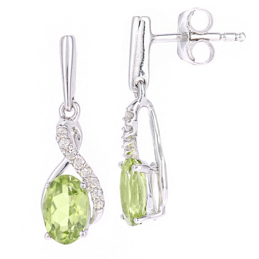 SPARKLD 9ct White Gold Oval Peridot Crossover 0.05ct Diamond Drop Earrings