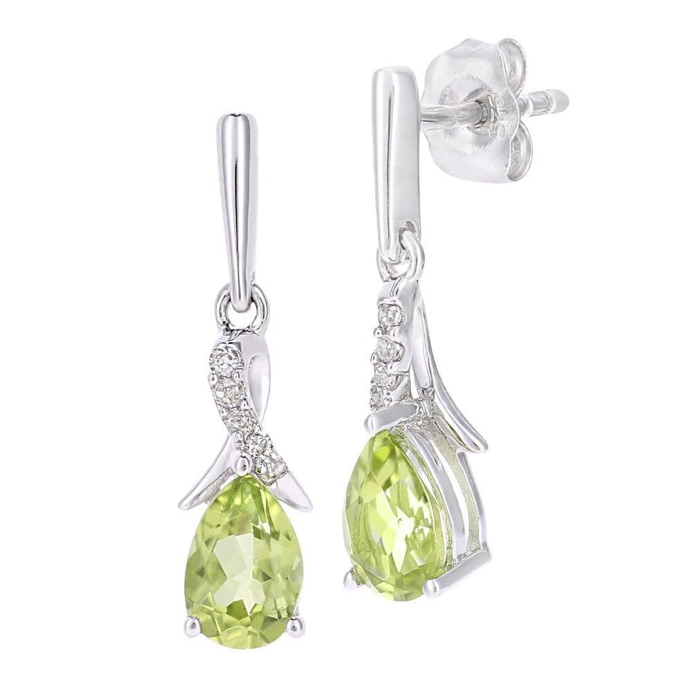 SPARKLD 9ct White Gold Oval Peridot Crossover 0.05ct Diamond Drop Earrings