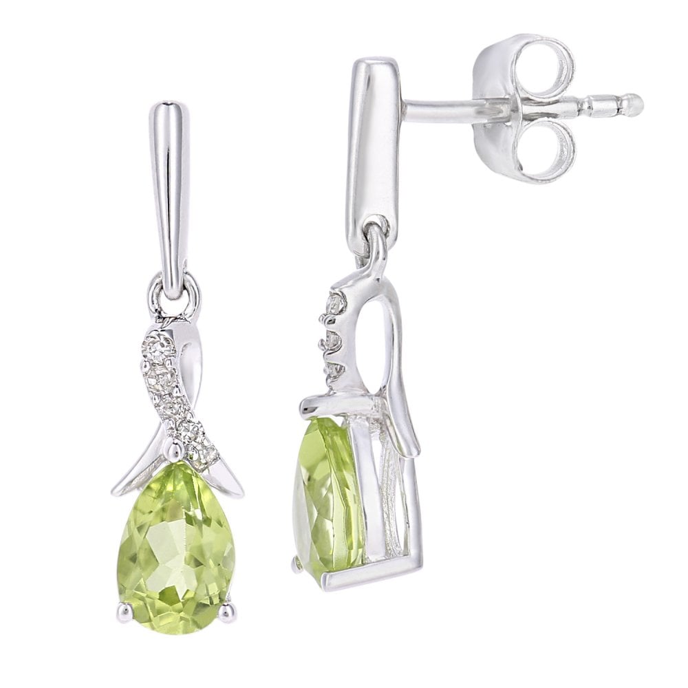 SPARKLD 9ct White Gold Oval Peridot Crossover 0.05ct Diamond Drop Earrings