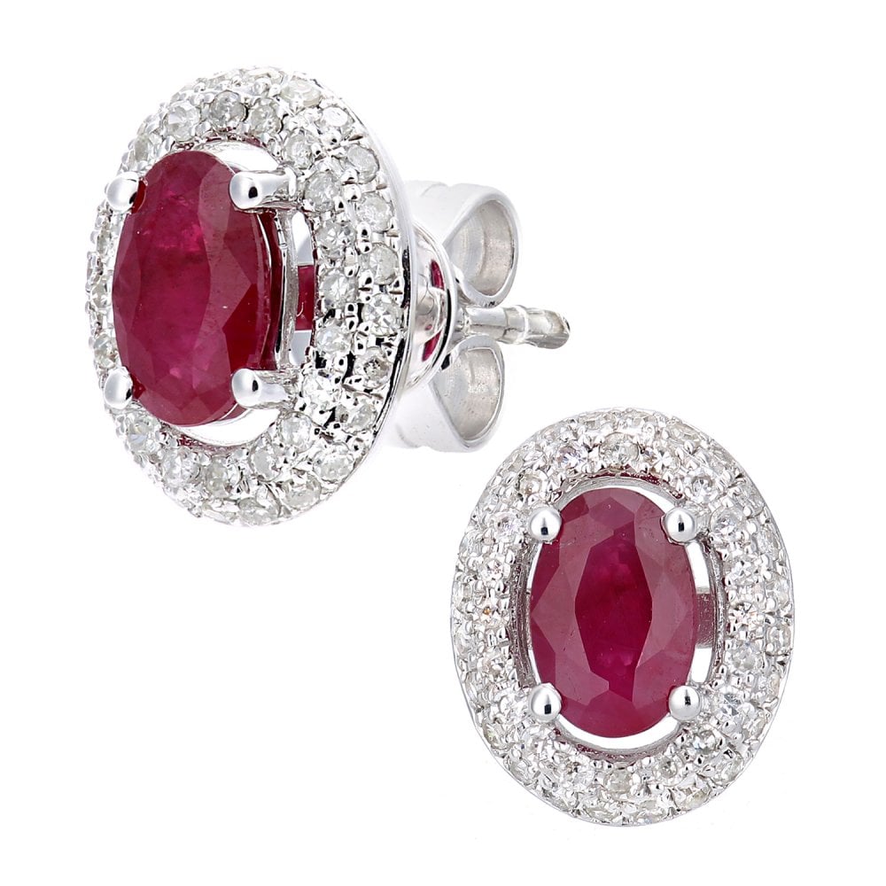 SPARKLD 9ct White Gold Oval Ruby and 0.30ct Diamond Cluster Earrings