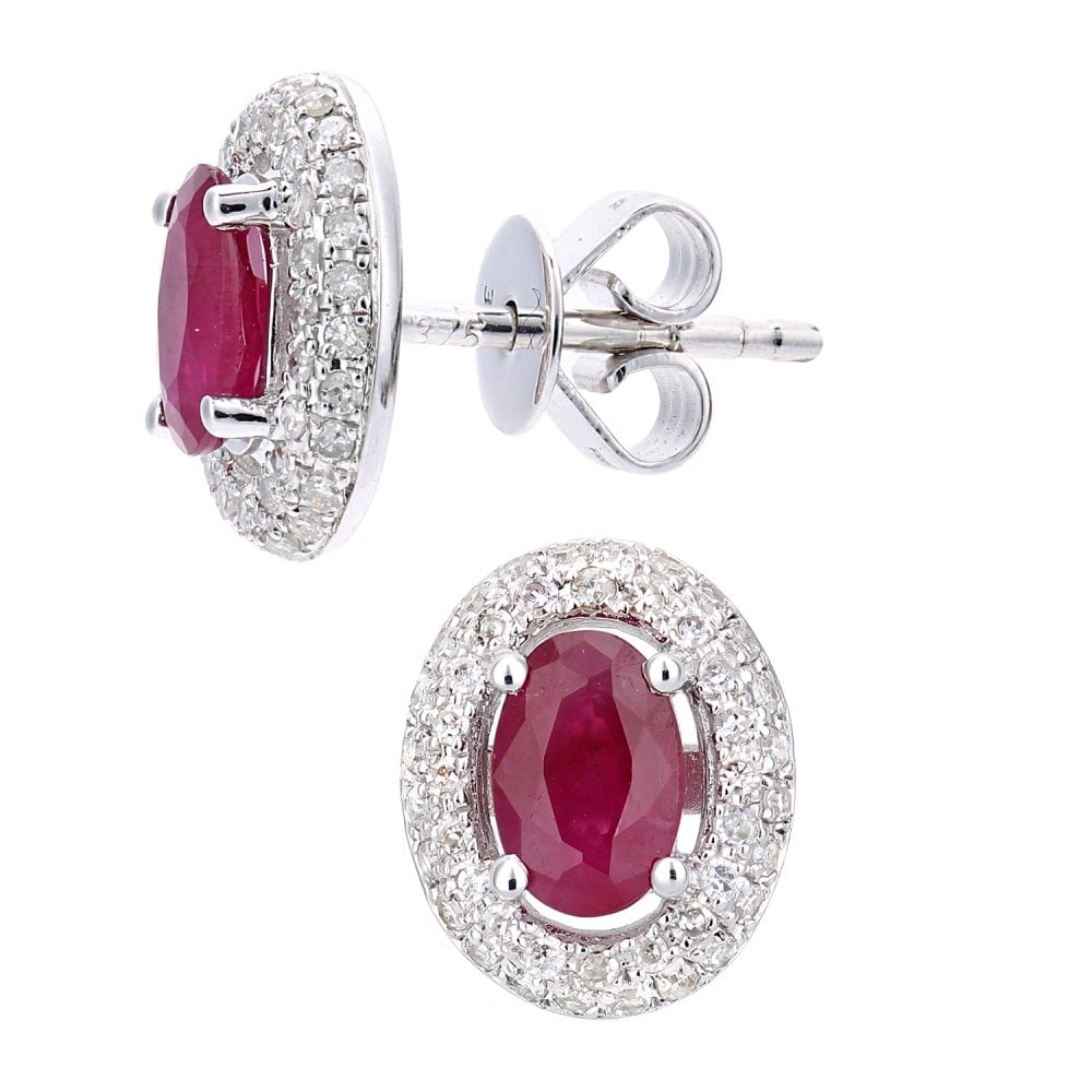 SPARKLD 9ct White Gold Oval Ruby and 0.30ct Diamond Cluster Earrings